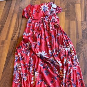 Japna Vibrant Red with Blue and White Floral Patterned Dress NWT